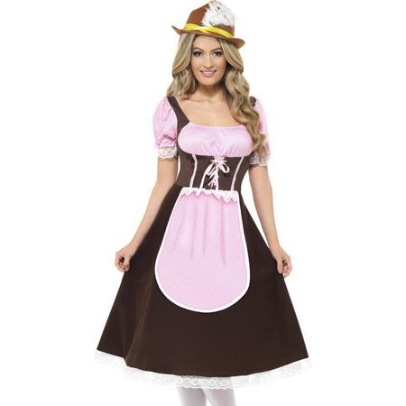 Tiroler jurk in bruin en roze | Oktoberfestkleding dames maat L (44-46)